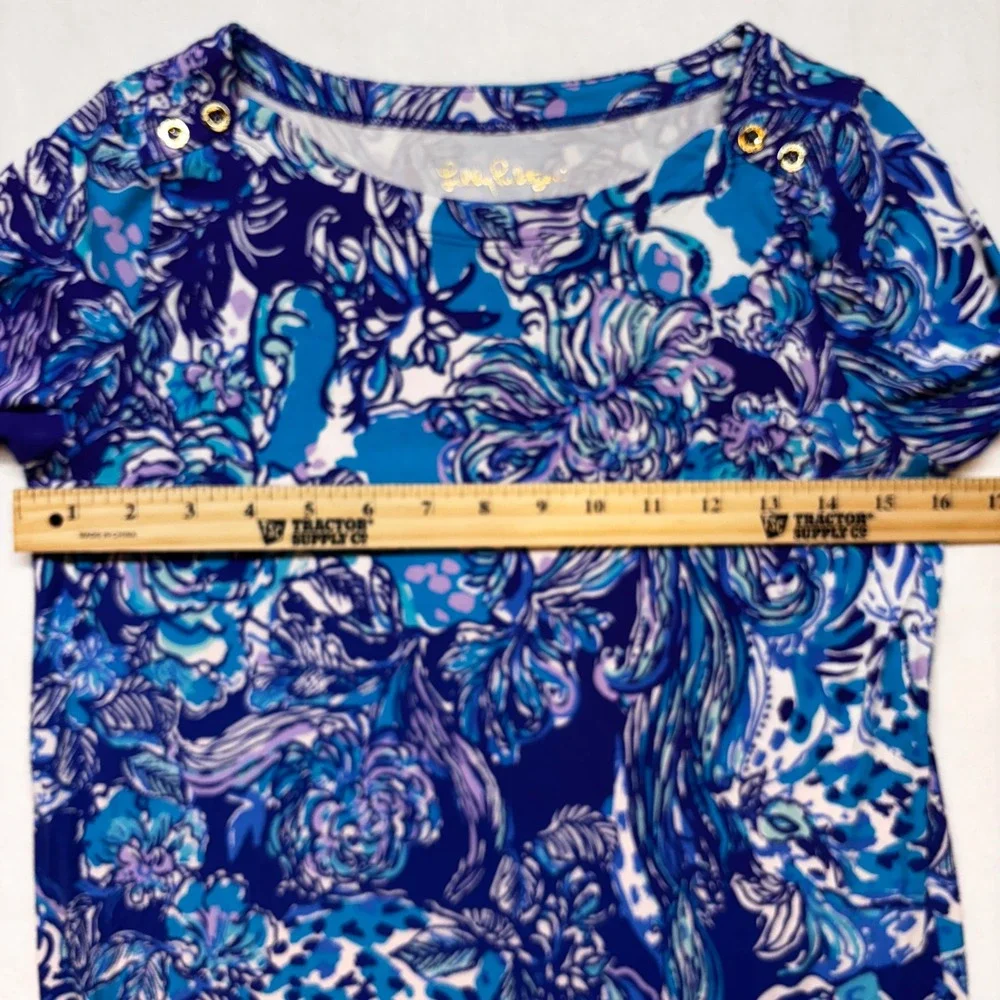 Lilly Pulitzer Dress XL 12-14 Blue Floral 3/4‎ Sleeve Gold Buttons Rayon Spandex